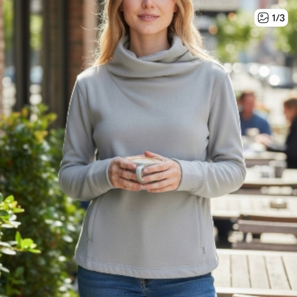 Apana Yoga Light Blue Gray Cowl Neck Pullover Sweater. Kangaroo Pocket